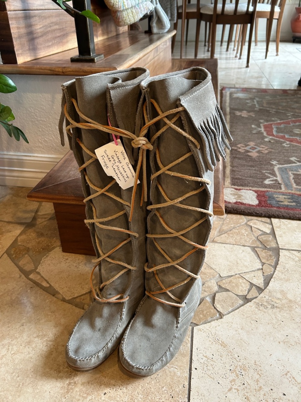 Vera Gomma Vintage Fringe Lace-Up Suede Leather Knee-High Gray Moccasins